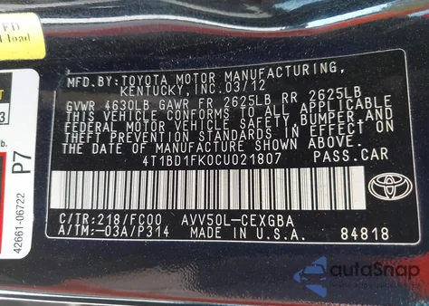 2012 Toyota Camry Hybrid/Le/Xle from USA, damaged, VIN 4T1BD1FK0CU021807